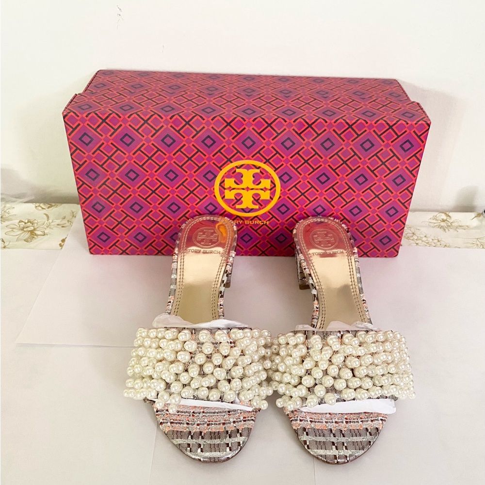 NWT Tory Burch Tatiana Tweed Pearl Slide Sandals